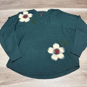 Aaeda Floral V-Neck Sweater Womens Large Green Artsy Flower Applique Oversized